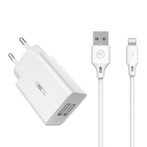 WK Design fali töltő adapter 2x USB 2A + USB Lightning kábel (fehér)