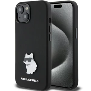Karl Lagerfeld Silicone Choupette Metal Pin iPhone 15 tok (fekete)