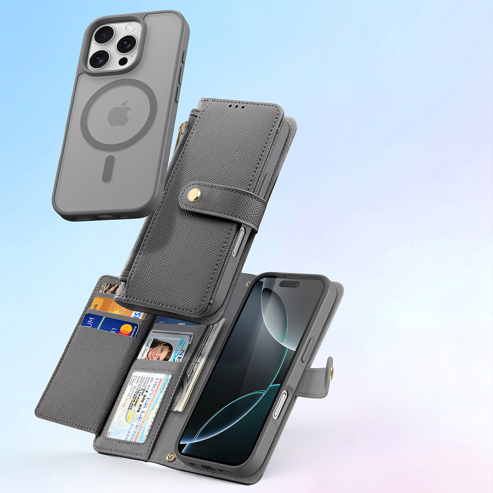 iTok webáruház - Dux Ducis Dux Ducis Lawa bőr tok levehető mágneses pénztárcával iPhone 16 Pro Max készülékhez (szürke) 3 Dux Ducis Lawa Leather Case for iPhone 16 Pro Max with Detachable Magnetic Wallet (szürke)