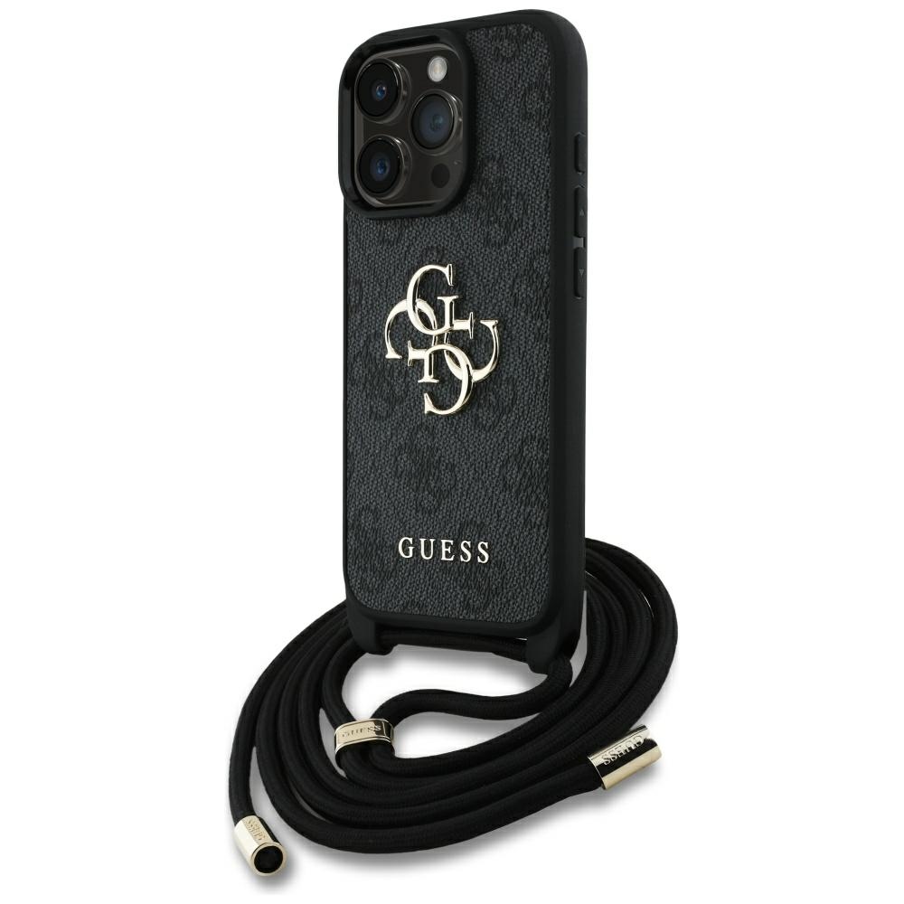 iTok webáruház - Guess Guess 4G Big Logo Cord Stap Crossbody pántos tok iPhone 16 Pro Max készülékhez – fekete 1 Guess 4G Big Logo Cord Stap Crossbody Case for iPhone 16 Pro Max black