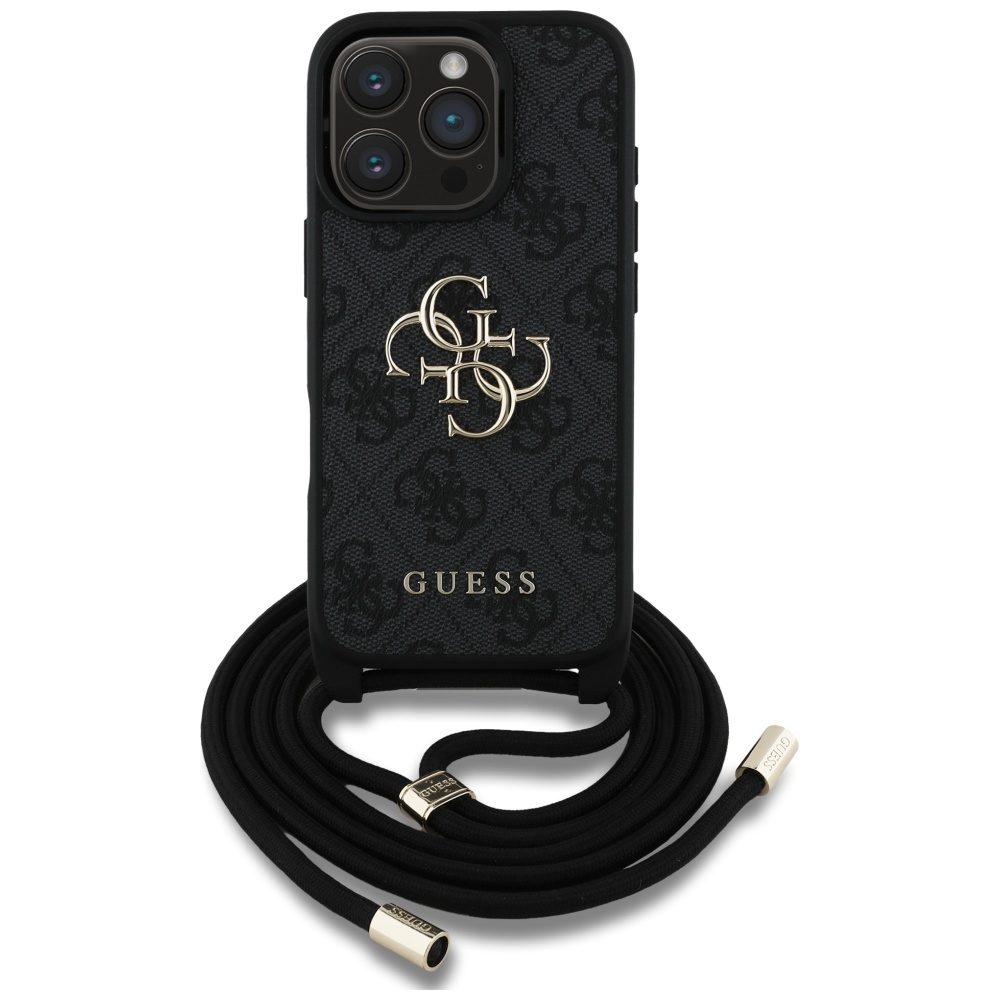 iTok webáruház - Guess Guess 4G Big Logo Cord Stap Crossbody pántos tok iPhone 16 Pro Max készülékhez – fekete 2 Guess 4G Big Logo Cord Stap Crossbody Case for iPhone 16 Pro Max black