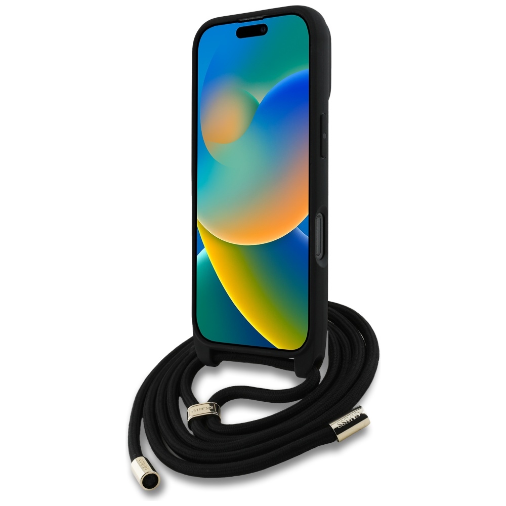 iTok webáruház - Guess Guess 4G Big Logo Cord Stap Crossbody pántos tok iPhone 16 Pro Max készülékhez – fekete 4 Guess 4G Big Logo Cord Stap Crossbody Case for iPhone 16 Pro Max black