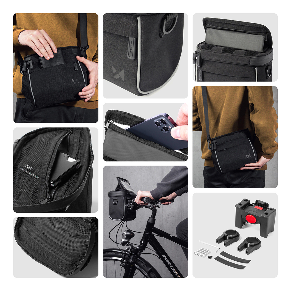 iTok webáruház - Wozinsky Wozinsky WBHBB-01 kerékpáros kormánytáska és válltáska, fekete 3 Wozinsky Handlebar Bag Bike Shoulder Bag Black (WBHBB-01)
