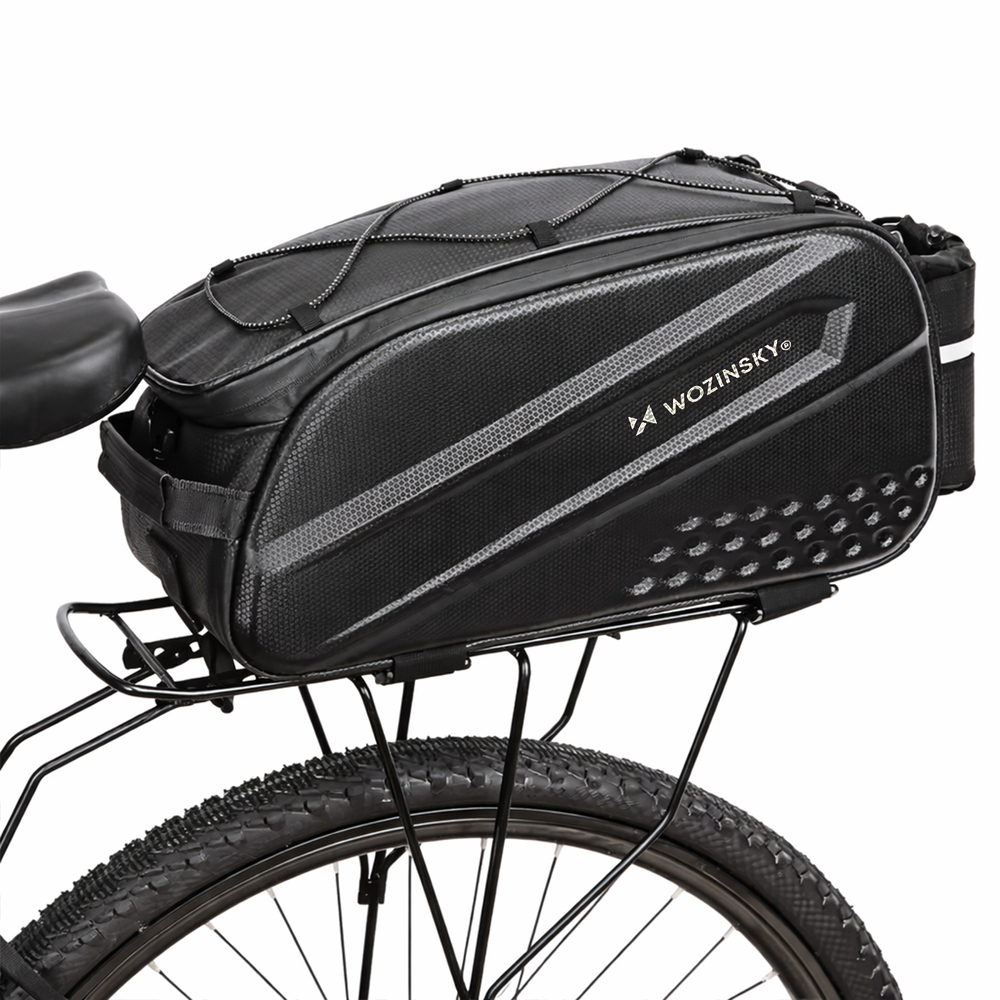 iTok webáruház - Wozinsky Wozinsky 14 l-es kerékpáros csomagtartótáska bővíthető oldalzsebekkel (fekete) 1 Wozinsky Bike Trunk Bag with Long Strap and Expandable Side Pockets (fekete)