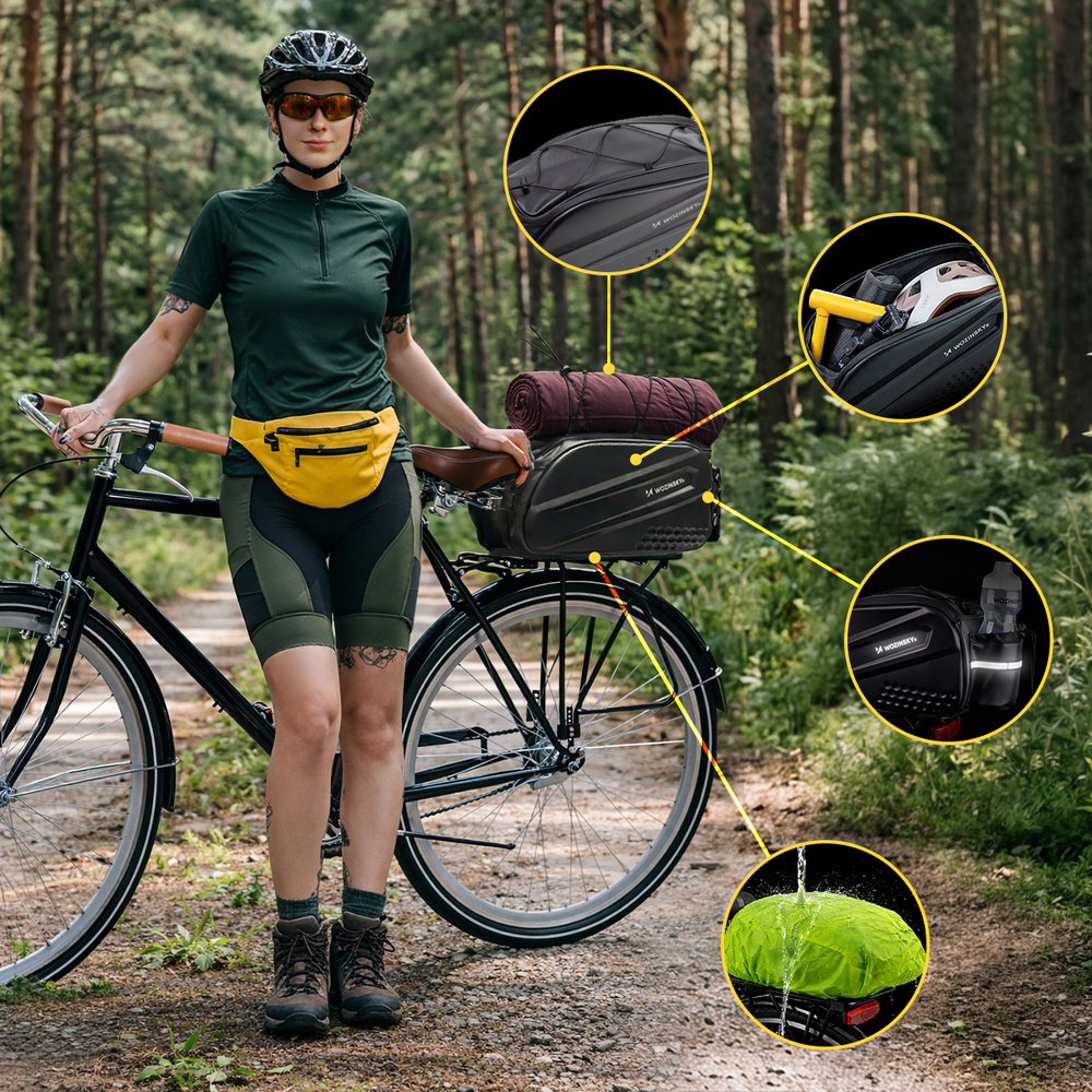 iTok webáruház - Wozinsky Wozinsky 14 l-es kerékpáros csomagtartótáska bővíthető oldalzsebekkel (fekete) 4 Wozinsky Bike Trunk Bag with Long Strap and Expandable Side Pockets (fekete)