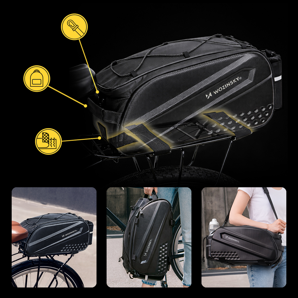 iTok webáruház - Wozinsky Wozinsky 14 l-es kerékpáros csomagtartótáska bővíthető oldalzsebekkel (fekete) 5 Wozinsky Bike Trunk Bag with Long Strap and Expandable Side Pockets (fekete)