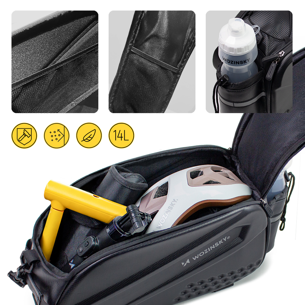 iTok webáruház - Wozinsky Wozinsky 14 l-es kerékpáros csomagtartótáska bővíthető oldalzsebekkel (fekete) 6 Wozinsky Bike Trunk Bag with Long Strap and Expandable Side Pockets (fekete)