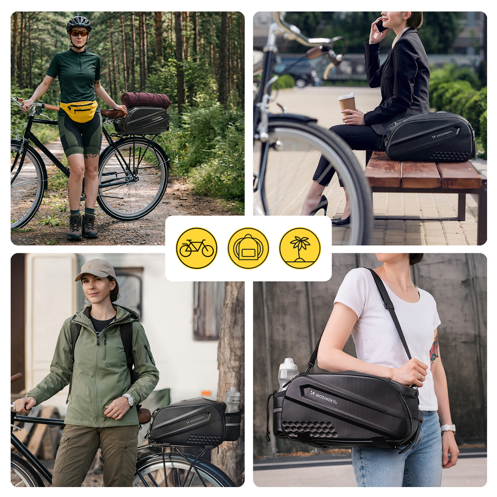 iTok webáruház - Wozinsky Wozinsky 14 l-es kerékpáros csomagtartótáska bővíthető oldalzsebekkel (fekete) 7 Wozinsky Bike Trunk Bag with Long Strap and Expandable Side Pockets (fekete)