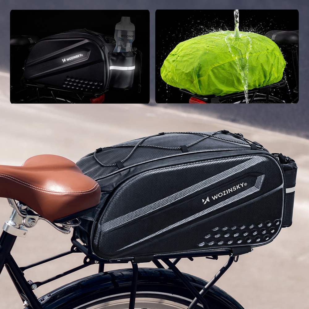 iTok webáruház - Wozinsky Wozinsky 14 l-es kerékpáros csomagtartótáska bővíthető oldalzsebekkel (fekete) 8 Wozinsky Bike Trunk Bag with Long Strap and Expandable Side Pockets (fekete)