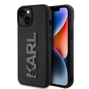 Karl Lagerfeld 3D Rubber Glitter Logo tok iPhone 15-höz (fekete)