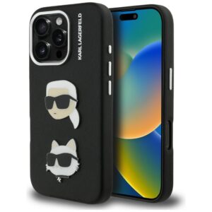 Karl Lagerfeld FW Grained Karl & Choupette Heads Pins tok iPhone 16 Pro készülékhez (fekete)