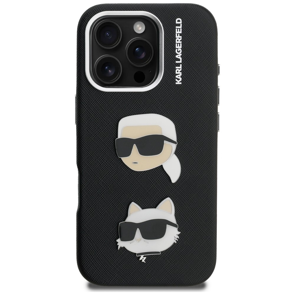 iTok webáruház - Karl Lagerfeld Karl Lagerfeld FW Grained Karl & Choupette Heads Pins tok iPhone 16 Pro készülékhez (fekete) 3 Karl Lagerfeld FW Grained Karl & Choupette Heads Pins Case for iPhone 16 Pro (fekete)
