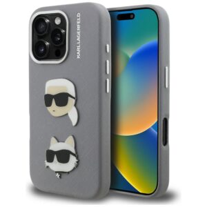 Karl Lagerfeld FW Grained Karl & Choupette Heads Pins tok iPhone 16 Pro készülékhez (szürke)