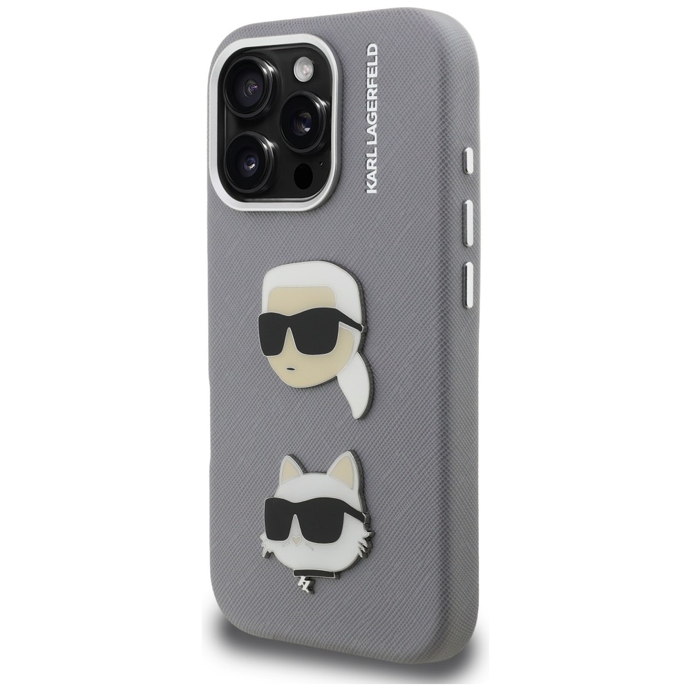 iTok webáruház - Karl Lagerfeld Karl Lagerfeld FW Grained Karl & Choupette Heads Pins tok iPhone 16 Pro készülékhez (szürke) 2 Karl Lagerfeld FW Grained Karl & Choupette Heads Pins Case for iPhone 16 Pro (szürke)