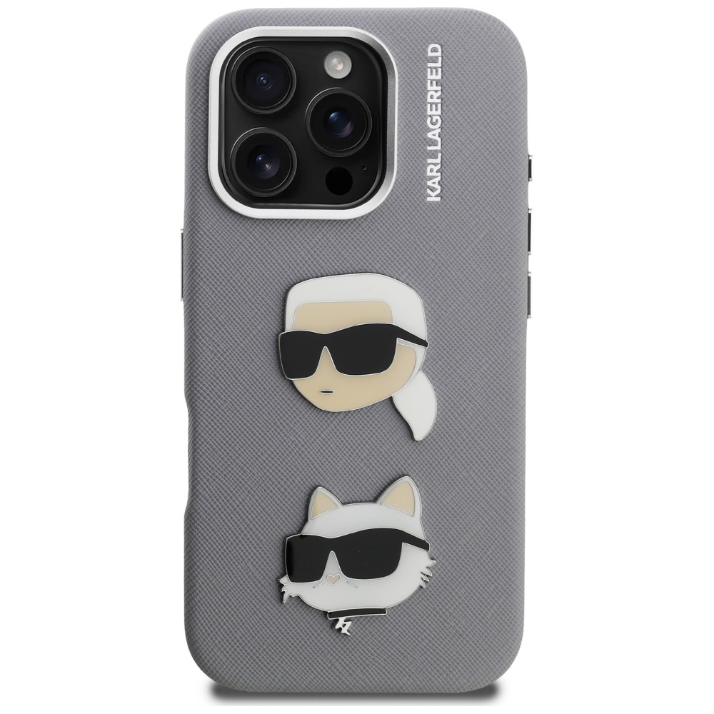 iTok webáruház - Karl Lagerfeld Karl Lagerfeld FW Grained Karl & Choupette Heads Pins tok iPhone 16 Pro készülékhez (szürke) 3 Karl Lagerfeld FW Grained Karl & Choupette Heads Pins Case for iPhone 16 Pro (szürke)