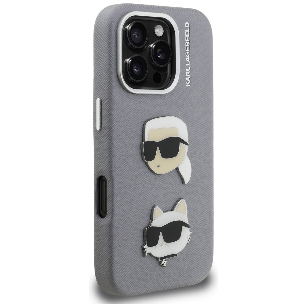 iTok webáruház - Karl Lagerfeld Karl Lagerfeld FW Grained Karl & Choupette Heads Pins tok iPhone 16 Pro készülékhez (szürke) 4 Karl Lagerfeld FW Grained Karl & Choupette Heads Pins Case for iPhone 16 Pro (szürke)