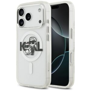 Karl Lagerfeld IML Glitter Karl & Choupette Sketch Logo MagSafe tok iPhone 17 Pro készülékhez (átlátszó)