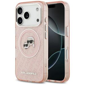 Karl Lagerfeld IML csillámos MagSafe tok Karl & Choupette mintával iPhone 17 Pro készülékhez (rózsaszín)