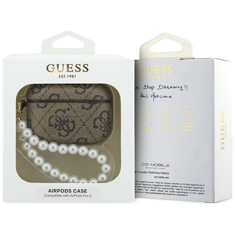 iTok webáruház - Guess Guess 4G Pearl Strap keménytok AirPods Pro 3-hoz (barna) 4 Guess 4G Pearl Strap case for AirPods Pro 3 (barna)