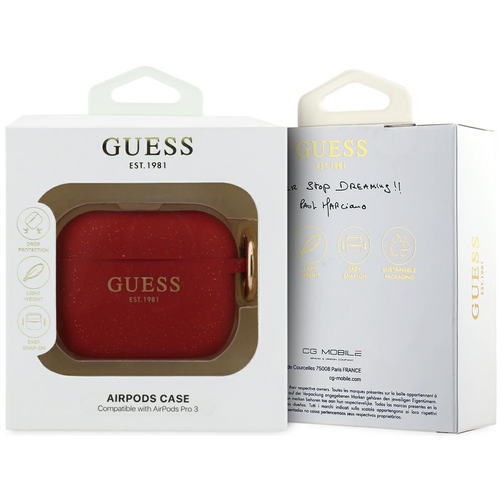 iTok webáruház - Guess Guess Silicone Glitter Ring Case for AirPods Pro 3 (piros és csillámos) 4 Guess Silicone Glitter Ring Case for AirPods Pro 3 (piros és csillámos)