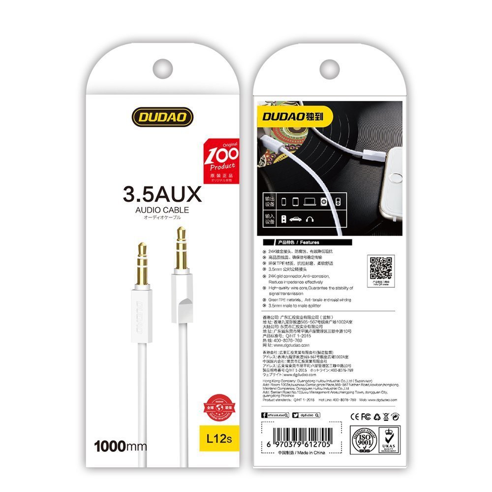 iTok webáruház - Dudao Dudao L12S AUX kábel mini jack 3,5 mm, 1 m, 3 pólusú sztereó (fehér) 3 Dudao L12S AUX cable mini jack 3.5mm 1m 3-pole stereo (fehér)