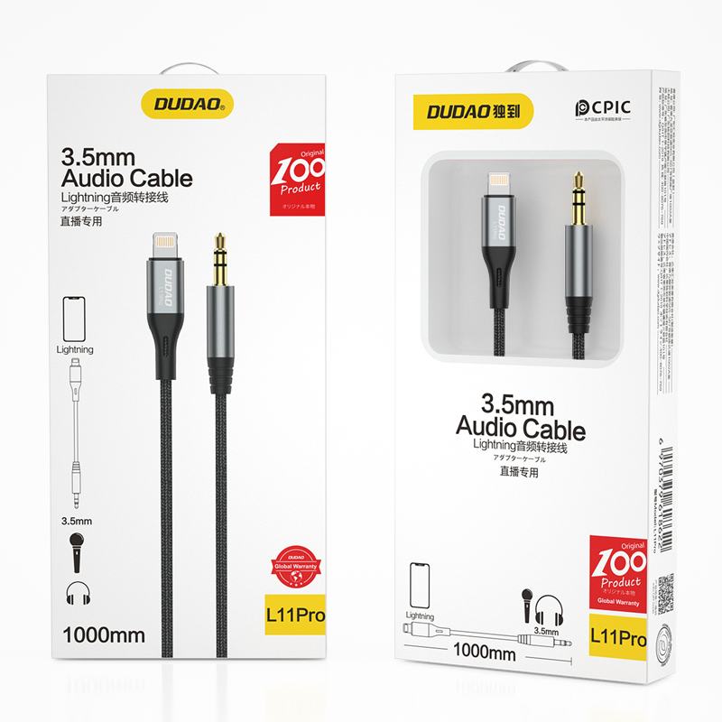iTok webáruház - Dudao Dudao Lightning–3,5 mm-es mini jack audiókábel, 1 m, szürke (L11PRO) 5 Dudao Lightning to mini jack 3.5mm audio cable 1m gray (L11PRO)