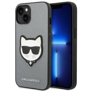 Karl Lagerfeld Saffiano Choupette Head Patch tok iPhone 14 Plus (ezüst)