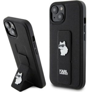 Karl Lagerfeld Gripstand Saffiano Choupette Pins tok iPhone 15 Plus / 14 Plus (fekete)