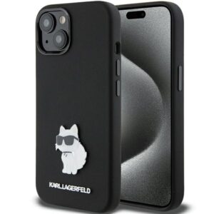 Karl Lagerfeld Silicone Choupette Metal Pin tok iPhone 15 Plus / 14 Plus készülékhez (fekete)