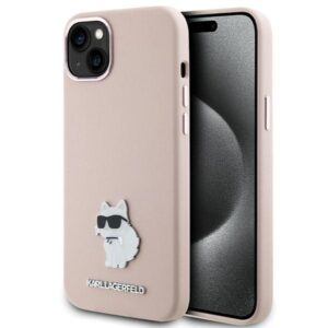 Karl Lagerfeld Silicone Choupette Metal Pin szilikon tok iPhone 15 Plus / 14 Plus készülékhez (rózsaszín)