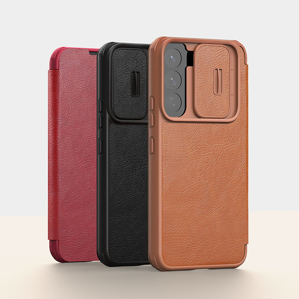 iTok webáruház - Nillkin Nillkin Qin Leather Pro bőr tok Samsung Galaxy S22+ készülékhez 8 Nillkin Qin Leather Pro Case Case for Samsung Galaxy S22+ (S22 Plus) Camera Protector Holster Cover Flip Case Brown