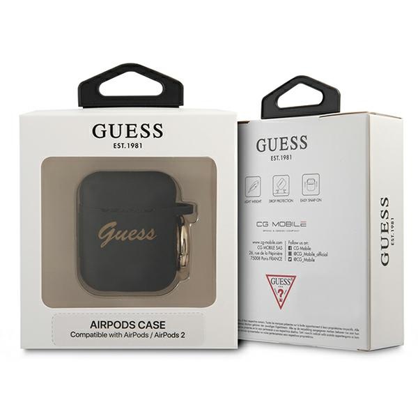 iTok webáruház - Guess Guess GUA2SSSK szilikon tok AirPods 1/2-höz, fekete/fekete 3 Guess GUA2SSSK AirPods cover black/black Silicone Vintage Script