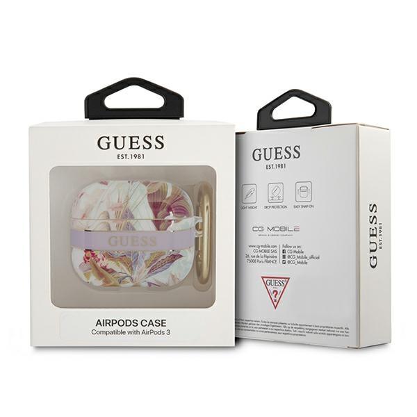 iTok webáruház - Guess Guess GUA3HHFLU AirPods 3 tok – lila virágmintás 3 Guess GUA3HHFLU AirPods 3 cover purple/purple Flower Strap Collection