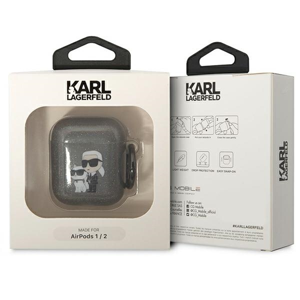 iTok webáruház - Karl Lagerfeld Karl Lagerfeld KLA2HNKCTGK AirPods 1/2 tok – Glitter Karl & Choupette, fekete 3 Karl Lagerfeld KLA2HNKCTGK Airpods 1/2 cover black/black Gliter Karl&Choupette