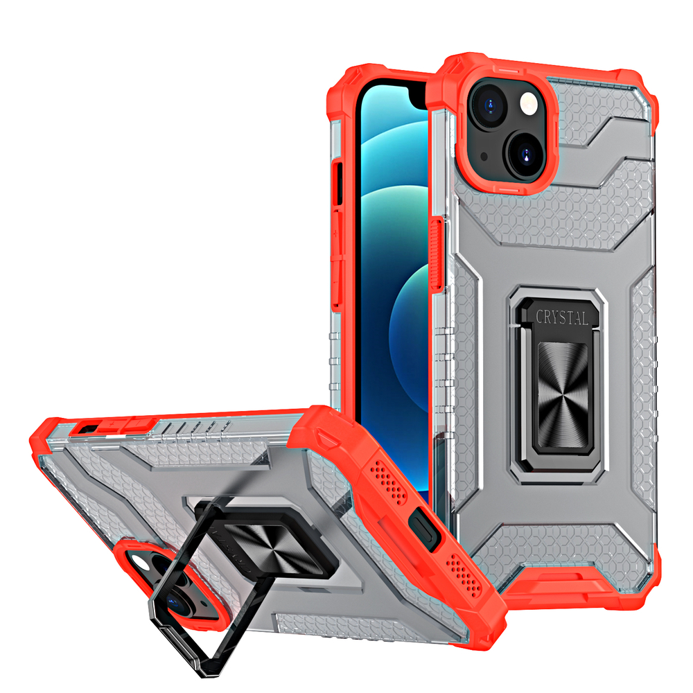 iTok webáruház - Crystal Ring Case tok állvánnyal iPhone 13-hoz – piros 1 Crystal Ring Case Kickstand Tough Rugged Cover for iPhone 13 red
