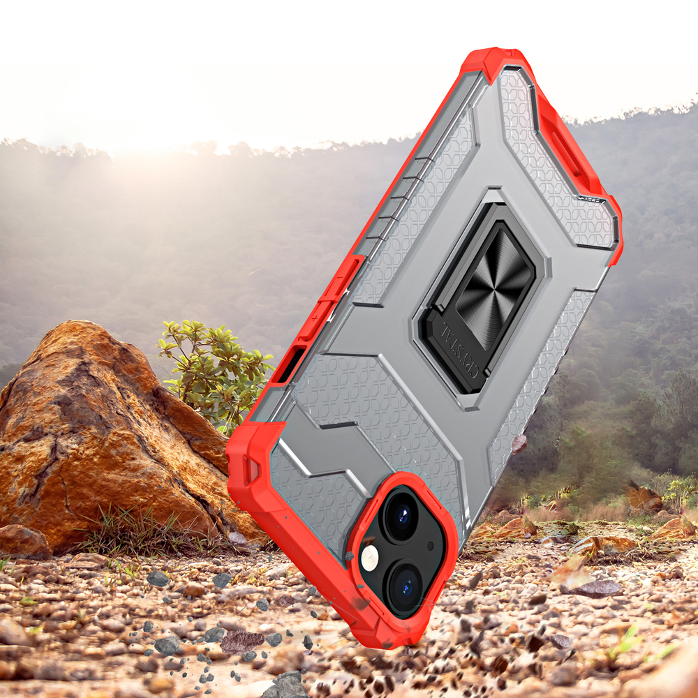 iTok webáruház - Crystal Ring Case tok állvánnyal iPhone 13-hoz – piros 2 Crystal Ring Case Kickstand Tough Rugged Cover for iPhone 13 red
