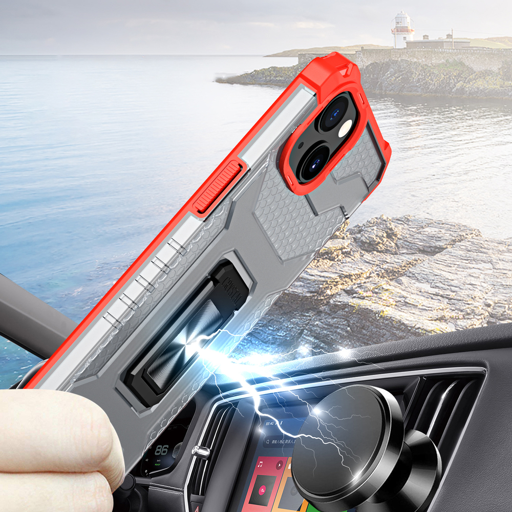 iTok webáruház - Crystal Ring Case tok állvánnyal iPhone 13-hoz – piros 3 Crystal Ring Case Kickstand Tough Rugged Cover for iPhone 13 red