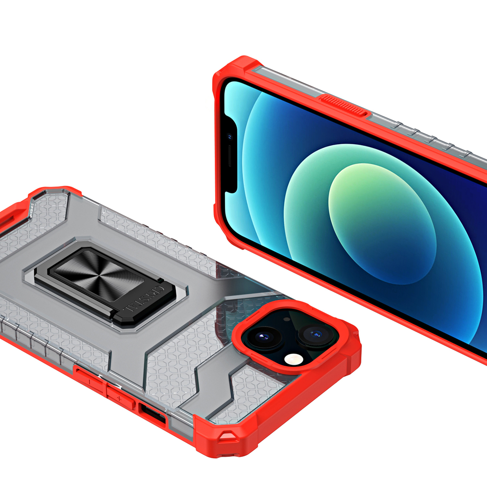 iTok webáruház - Crystal Ring Case tok állvánnyal iPhone 13-hoz – piros 5 Crystal Ring Case Kickstand Tough Rugged Cover for iPhone 13 red
