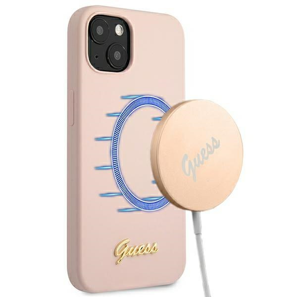 iTok webáruház - Guess Guess GUHMP13MLSLMGLP iPhone 13 6,1″ rózsaszín szilikon tok MagSafe 1 Guess GUHMP13MLSLMGLP iPhone 13 6.1" light pink/light pink hardcase Silicone Script Gold Logo Magsafe