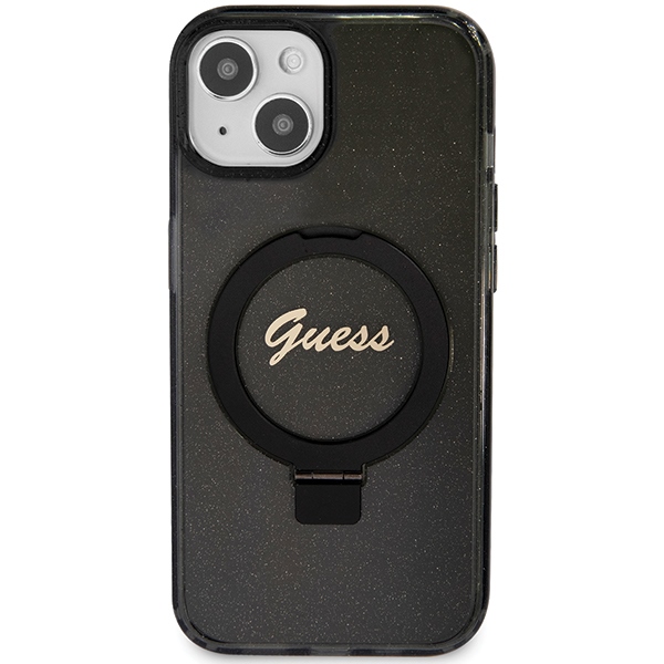 iTok webáruház - Guess Guess Ring Stand Script Glitter MagSafe tok iPhone 13/14/15 készülékhez (fekete) 3 Guess Ring Stand Script Glitter MagSafe case for iPhone 13 / 14 / 15 (fekete)