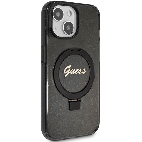 iTok webáruház - Guess Guess Ring Stand Script Glitter MagSafe tok iPhone 13/14/15 készülékhez (fekete) 4 Guess Ring Stand Script Glitter MagSafe case for iPhone 13 / 14 / 15 (fekete)