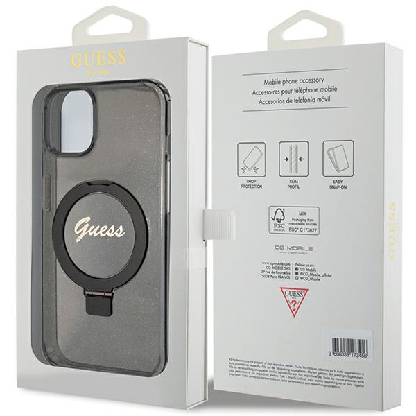 iTok webáruház - Guess Guess Ring Stand Script Glitter MagSafe tok iPhone 13/14/15 készülékhez (fekete) 8 Guess Ring Stand Script Glitter MagSafe case for iPhone 13 / 14 / 15 (fekete)