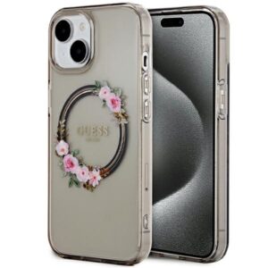 Guess IML Flowers Wreath MagSafe tok iPhone 15 / 14 / 13 készülékhez (fekete)