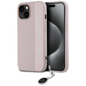 Karl Lagerfeld Saffiano Rhinestones & Charm tok iPhone 15 / 14 / 13 készülékekhez (rózsaszín)