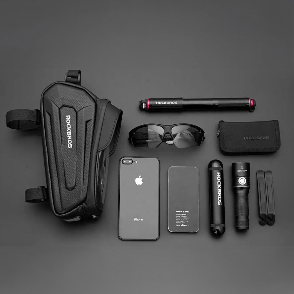 iTok webáruház - RockBros Rockbros B68-1 kerékpáros váztáska telefontartó rekesszel, 1,7 l, fekete 2 Rockbros B68-1 frame-mounted bicycle bag with phone pocket, 1.7l, black