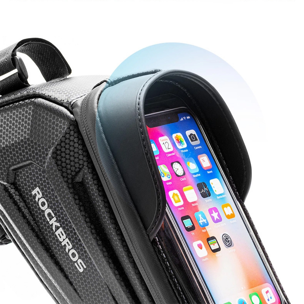 iTok webáruház - RockBros Rockbros B68-1 kerékpáros váztáska telefontartó rekesszel, 1,7 l, fekete 6 Rockbros B68-1 frame-mounted bicycle bag with phone pocket, 1.7l, black