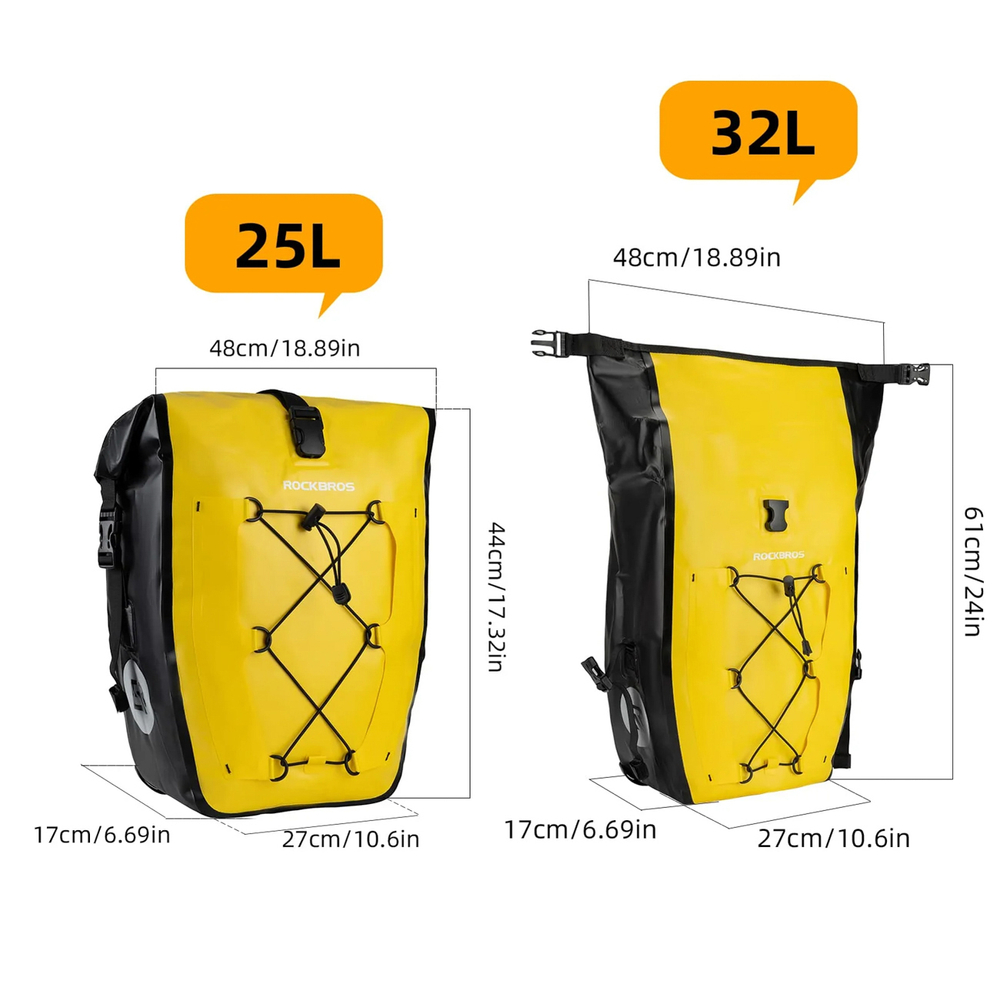 iTok webáruház - RockBros Rockbros 30140022005 vízálló kerékpáros csomagtartótáska 25–32 l (sárga) 7 Rockbros 30140022005 Waterproof Bicycle Pannier 25-32L (sárga)