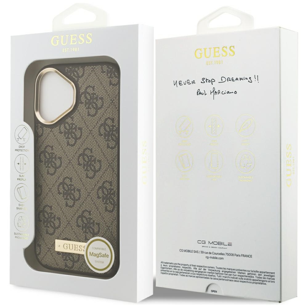 iTok webáruház - Guess Guess 4G Logo Plate MagSafe tok iPhone 17-hez (barna) 8 Guess 4G Logo Plate MagSafe case for iPhone 17 (barna)