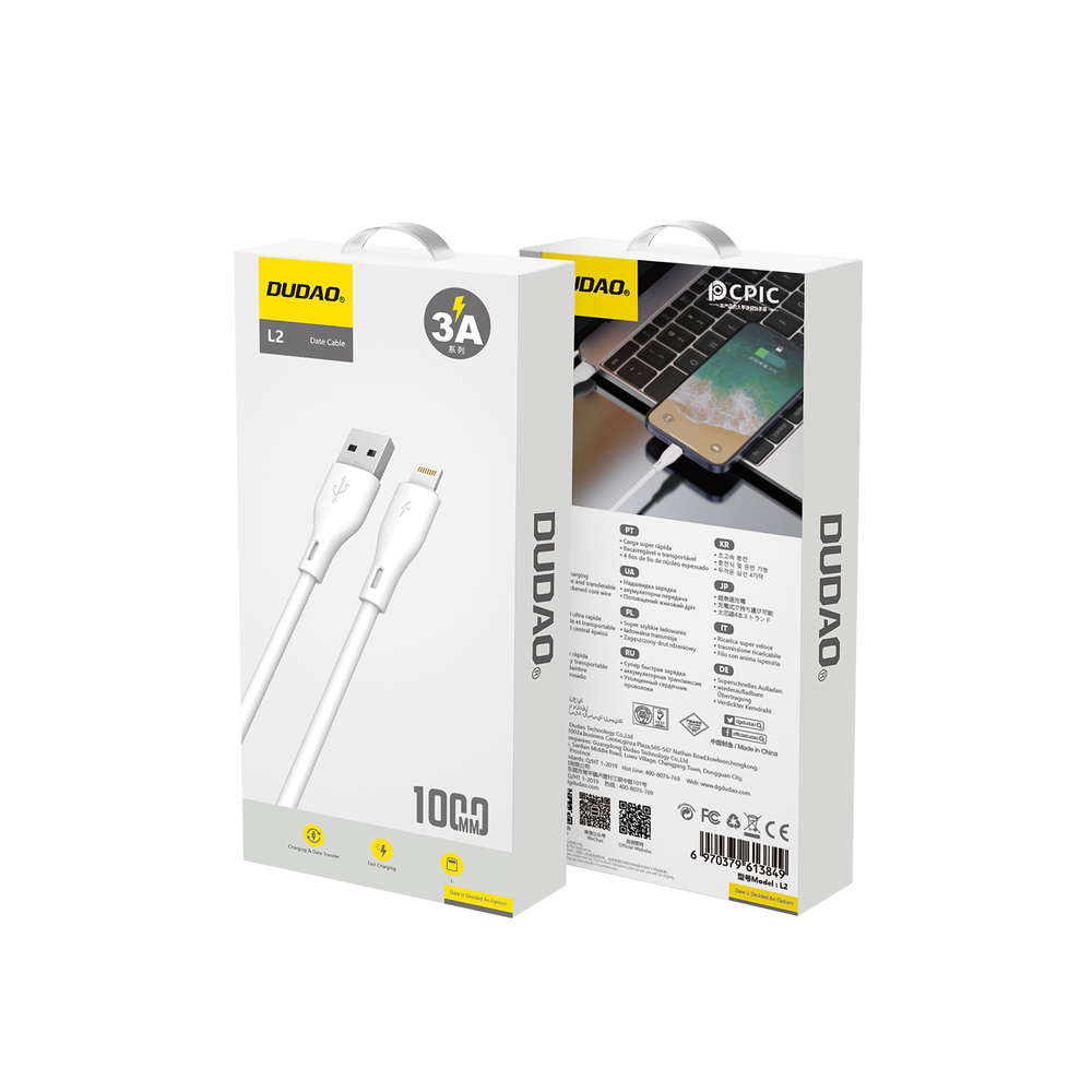 iTok webáruház - Dudao Dudao L2L USB-A–Lightning kábel, 3 A, 1 m, fehér 5 Dudao USB / Lightning 3A 1m white cable (L2L 1m white)