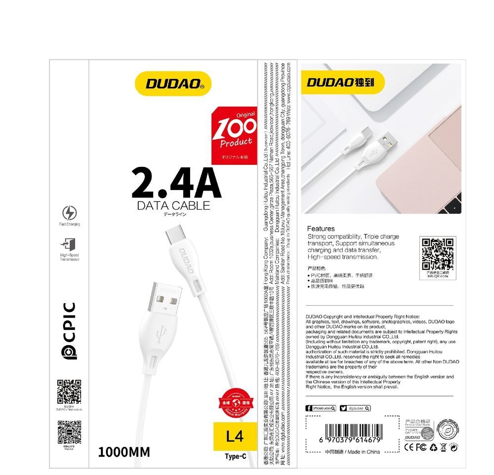 iTok webáruház - Dudao Dudao L4L USB-A–Lightning kábel, 1 m, fehér 5 Dudao cable USB / Lightning cable 2.4A 1m white (L4L 1m white)